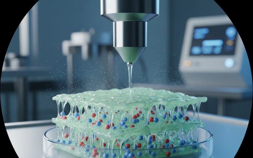 A close-up of a 3D bioprinter nozzle depositing plant-based collagen to form artificial tissue layers in a lab.
