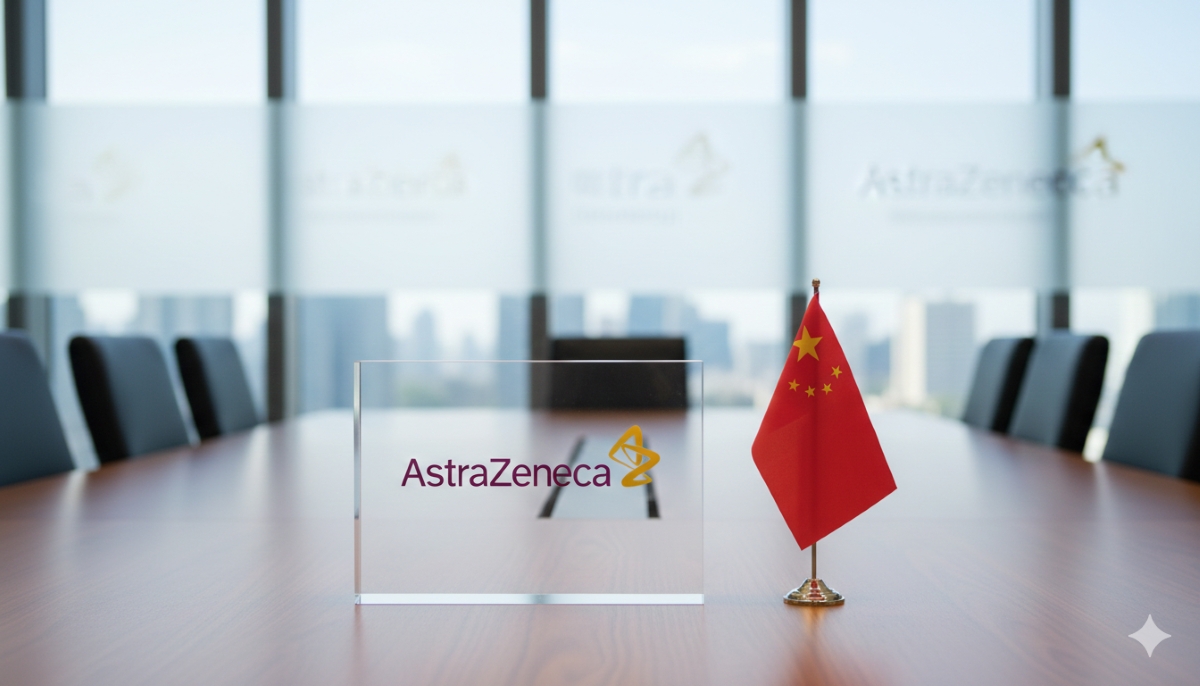 AstraZeneca China investment featured image showing the AstraZeneca logo and Chinese flag on a boardroom table.