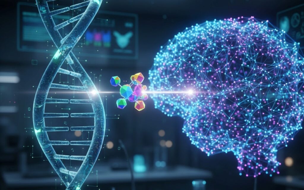 Scientific visualization of programmable gene insertion within a human cell nucleus, featuring glowing DNA strands and microscopic biological enzymes being precisely guided by AI.