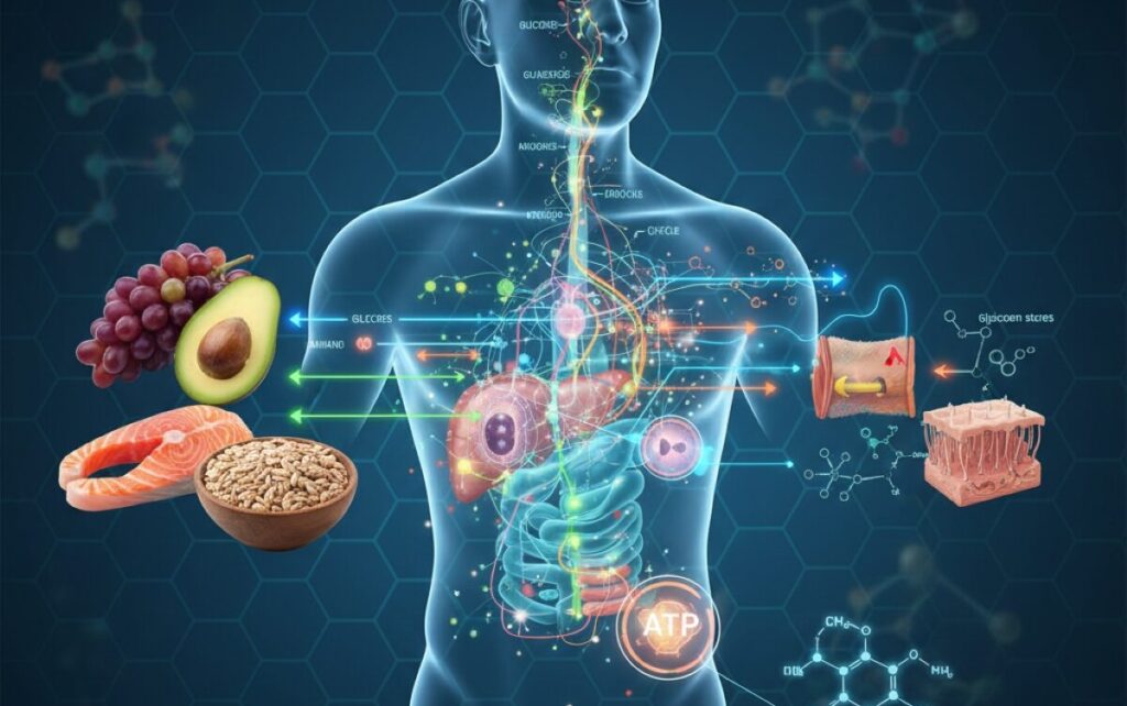 Scientific illustration of metabolism and insulin resistance pathways with healthy whole foods