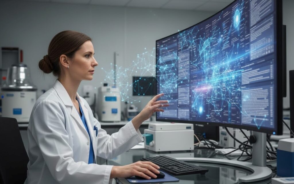 Clinician reviewing a digital dashboard showing ChatGPT Health integrated into a clinical workspace