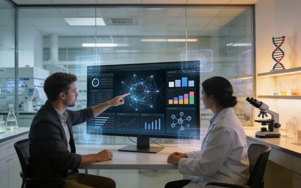 Marketer and scientist collaborating on AI-driven data analysis in a life science lab setting.