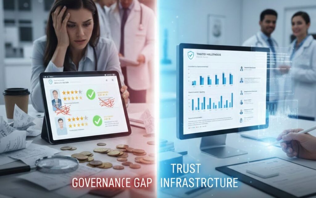 Concept graphic illustrating governance gap versus trust infrastructure in Australian healthcare reviews.