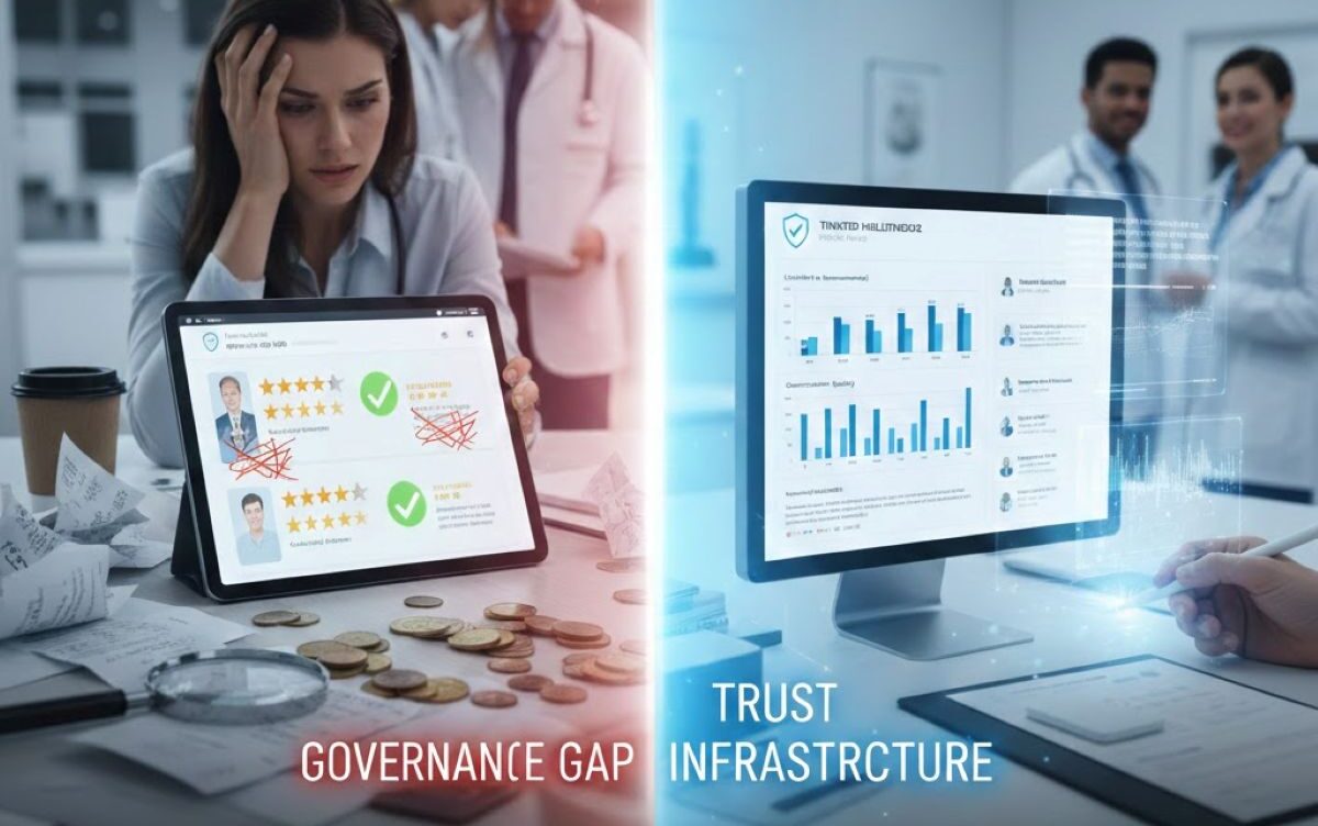Concept graphic illustrating governance gap versus trust infrastructure in Australian healthcare reviews.