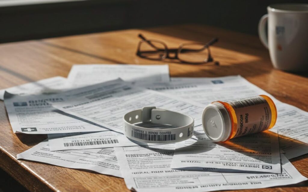 Medical bills and hospital wristband highlighting medical bankruptcy in the United States.