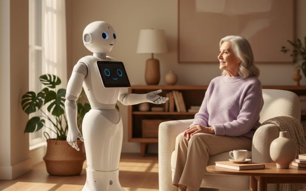 A modern, friendly-looking companion robot interacting with an older adult in a sunlit home, representing emotion-aware AI technology designed for proactive aged care.