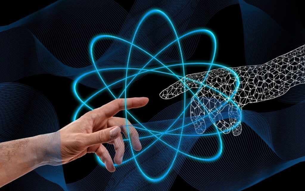 Human hand interacting with digital biotech interface representing innovation in medicine.