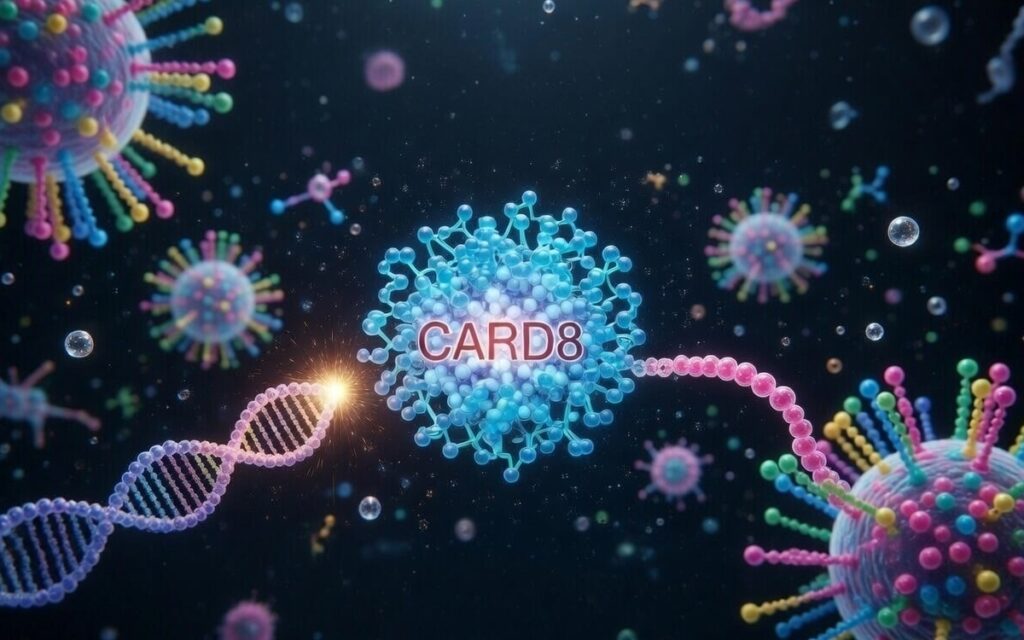 CARD8 inflammasome HIV cure — 3D illustration of infected CD4+ T cell undergoing pyroptosis