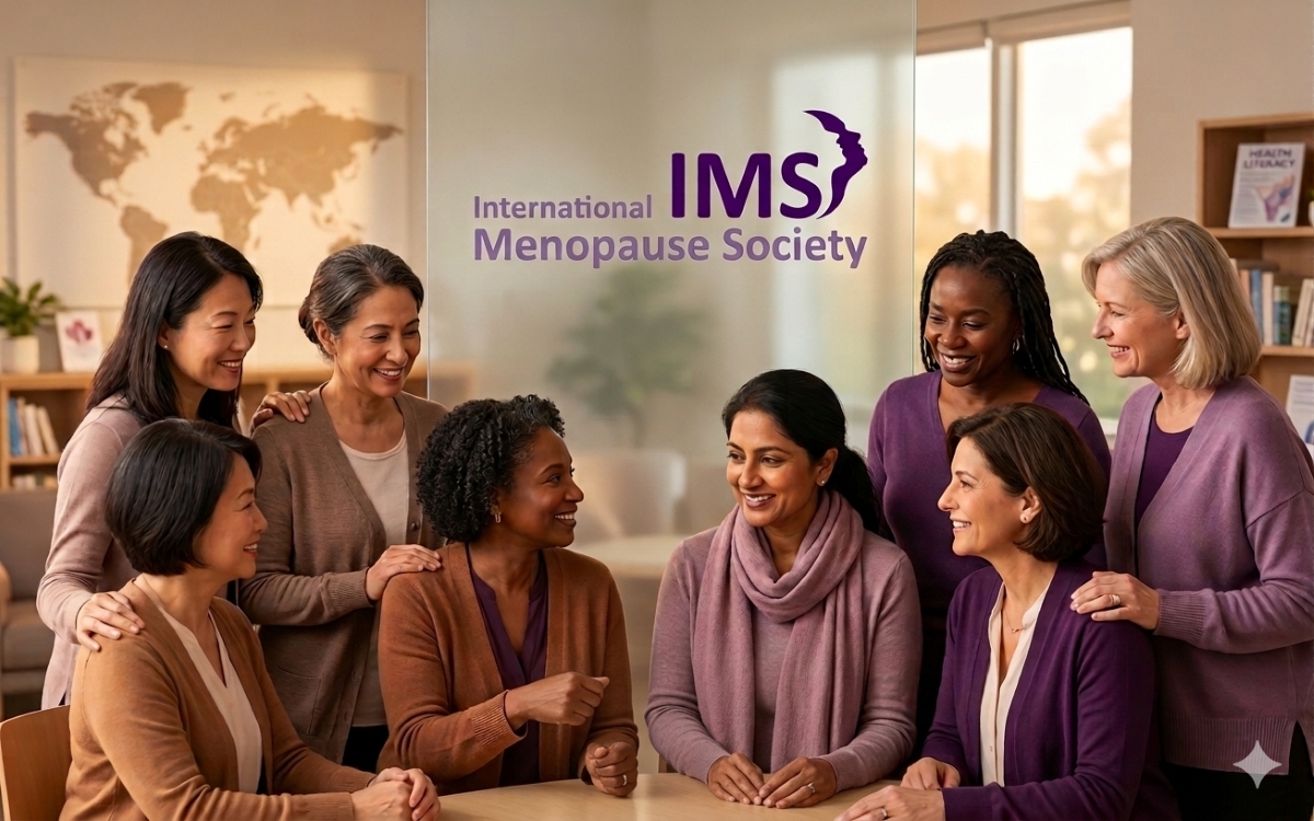 Group of international women round a table discussing global menopause care standards.