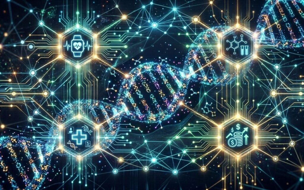 Abstract DNA and AI network illustrating data-driven convergence in life sciences.