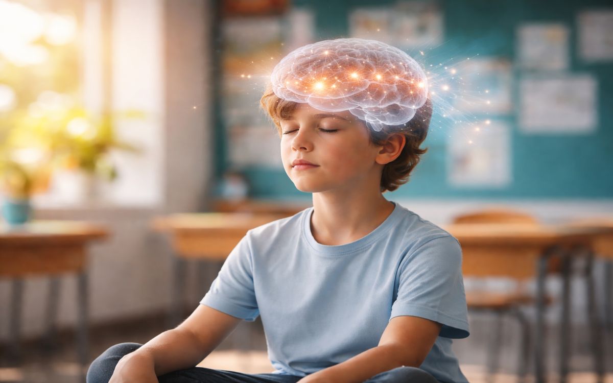 child practicing mindfulness with brain overlay illustrating neural pathways and prefrontal cortex activity linked to emotional self-regulation.