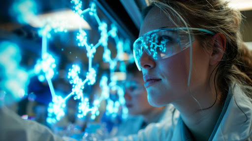 Life sciences researcher analysing molecular data — AI content operations in life sciences.