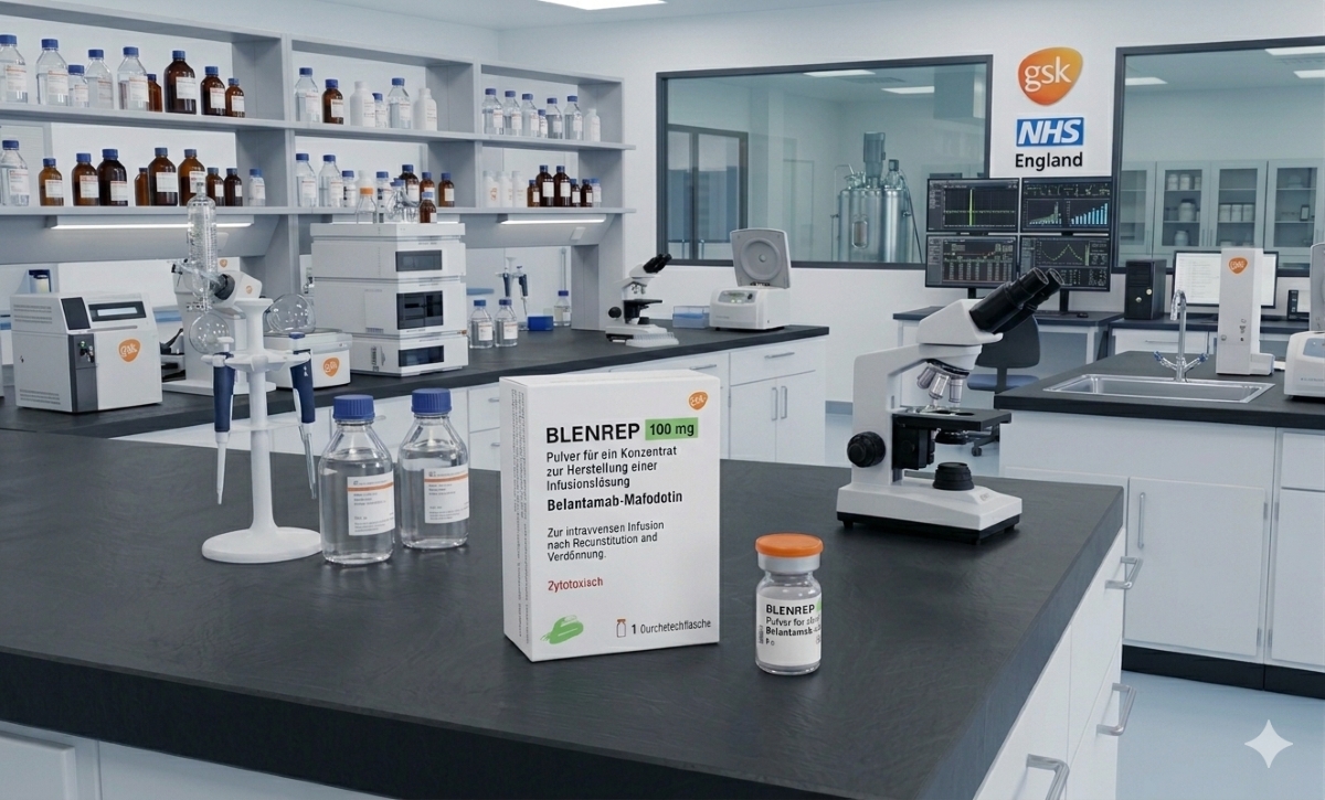 Blenrep Blenrep Multiple Myeloma on lab bench in joint partnership with NHS England and GSK