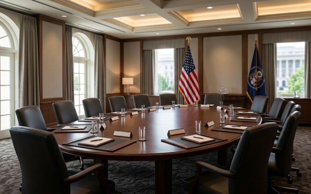Empty FDA PMTA roundtable meeting room with oval table and American flag.