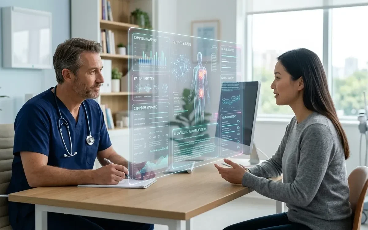 AI in clinical medicine: physician and patient in consultation with an AI agent screen displaying medical data.