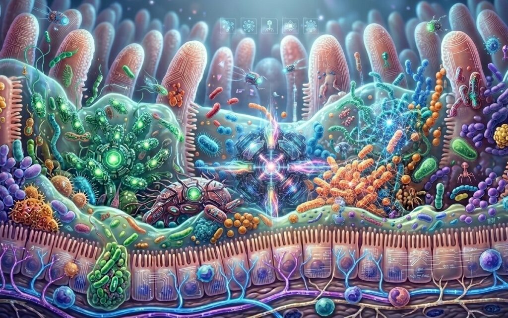 Gut microbiome illustration showing microbial diversity in the human digestive tract.