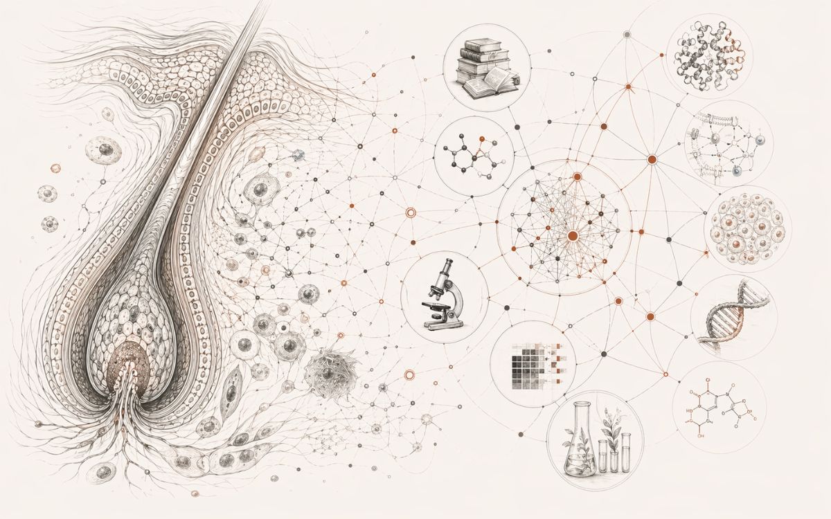AI in early-stage life science development – illustration linking hair follicle biology to scientific research networks