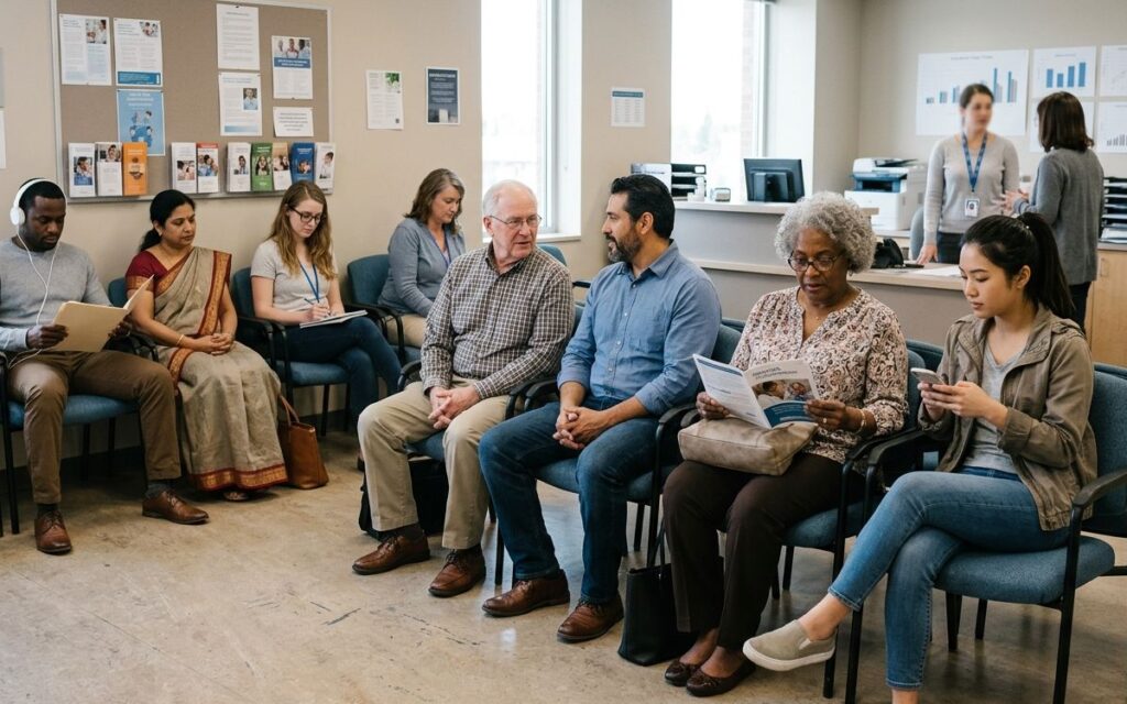 Diversity in clinical trials: diverse patients waiting in a clinical research reception area