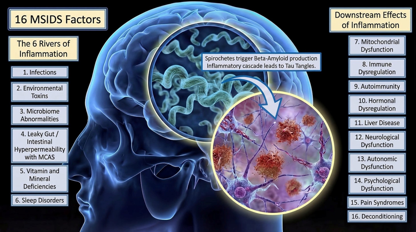 Lyme disease dementia: diagram of the 16 MSIDS inflammatory factors linked to Alzheimer's disease