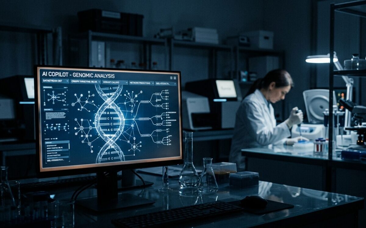 CRISPR-GPT AI gene editing interface displayed on a lab monitor with a researcher working in the background