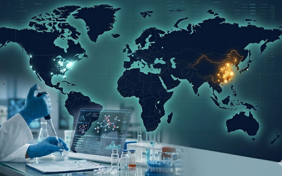 China-drug-trials-now-outpace-the-US A researcher works at a laboratory bench as a world map highlights China as the dominant centre of global drug trial activity