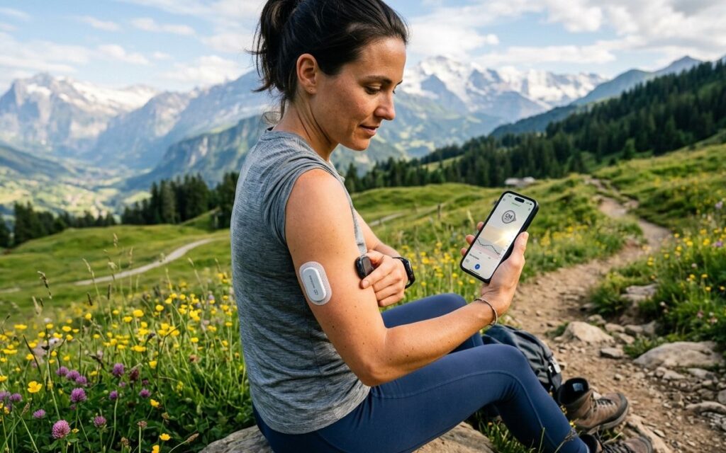 FDA cleared wearable devices: woman with CGM arm patch checks glucose data on smartphone