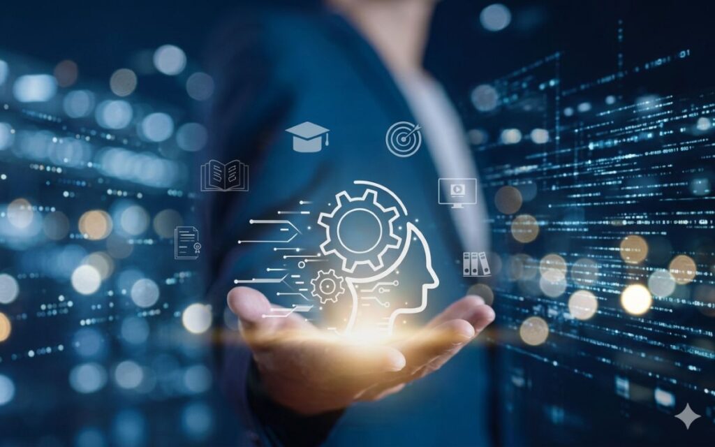 Benchmarking in life sciences: AI-powered data analysis icons floating above an outstretched hand