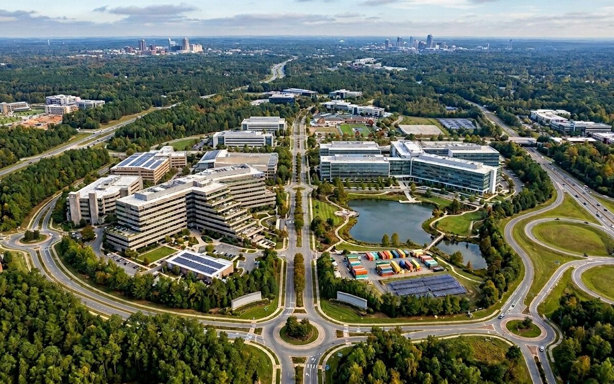 Life science facility strategy: aerial view of Research Triangle Park North Carolina campus