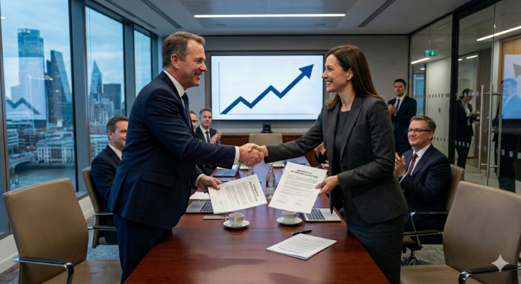 Biopharma M&A 2026: two executives shake hands across a boardroom table holding signed merger documents.