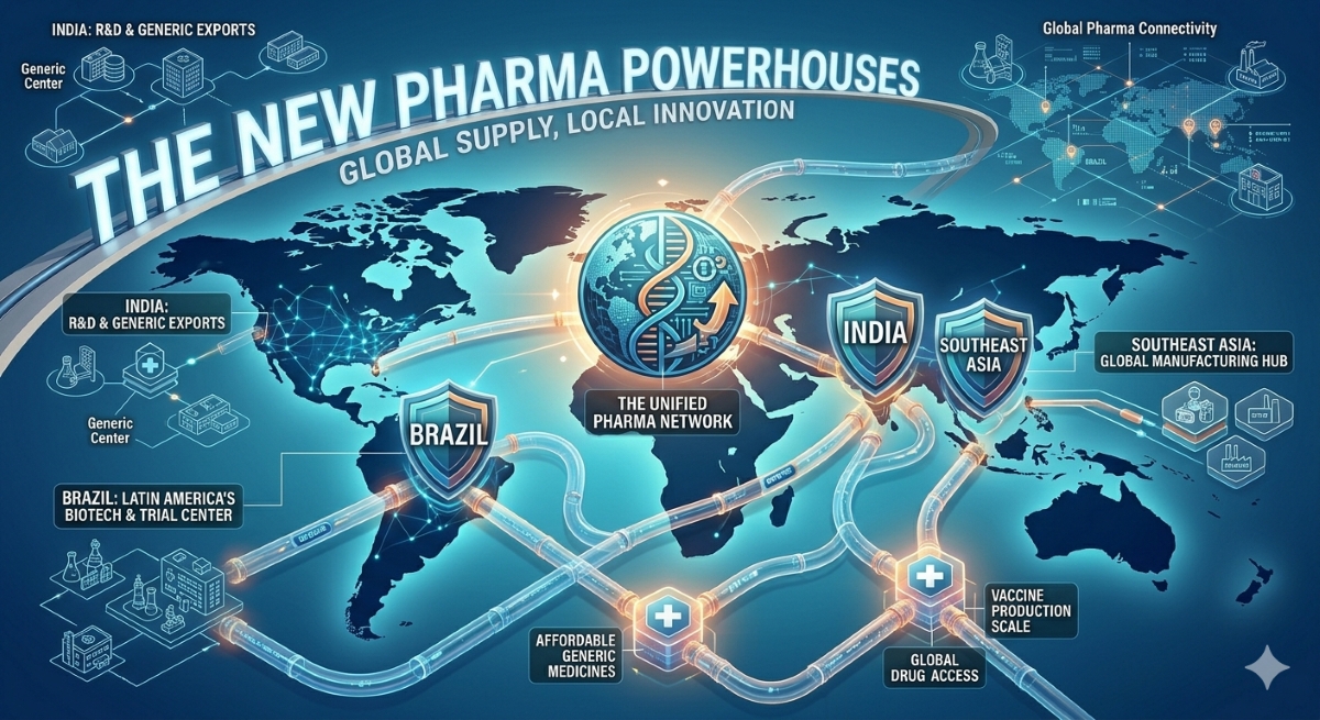 Pharmerging markets map showing India, Brazil and Southeast Asia as global pharma powerhouses