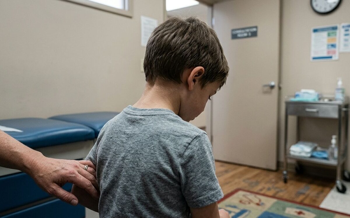 Muscular dystrophy diagnosis delay: young boy examined by clinician in consultation room