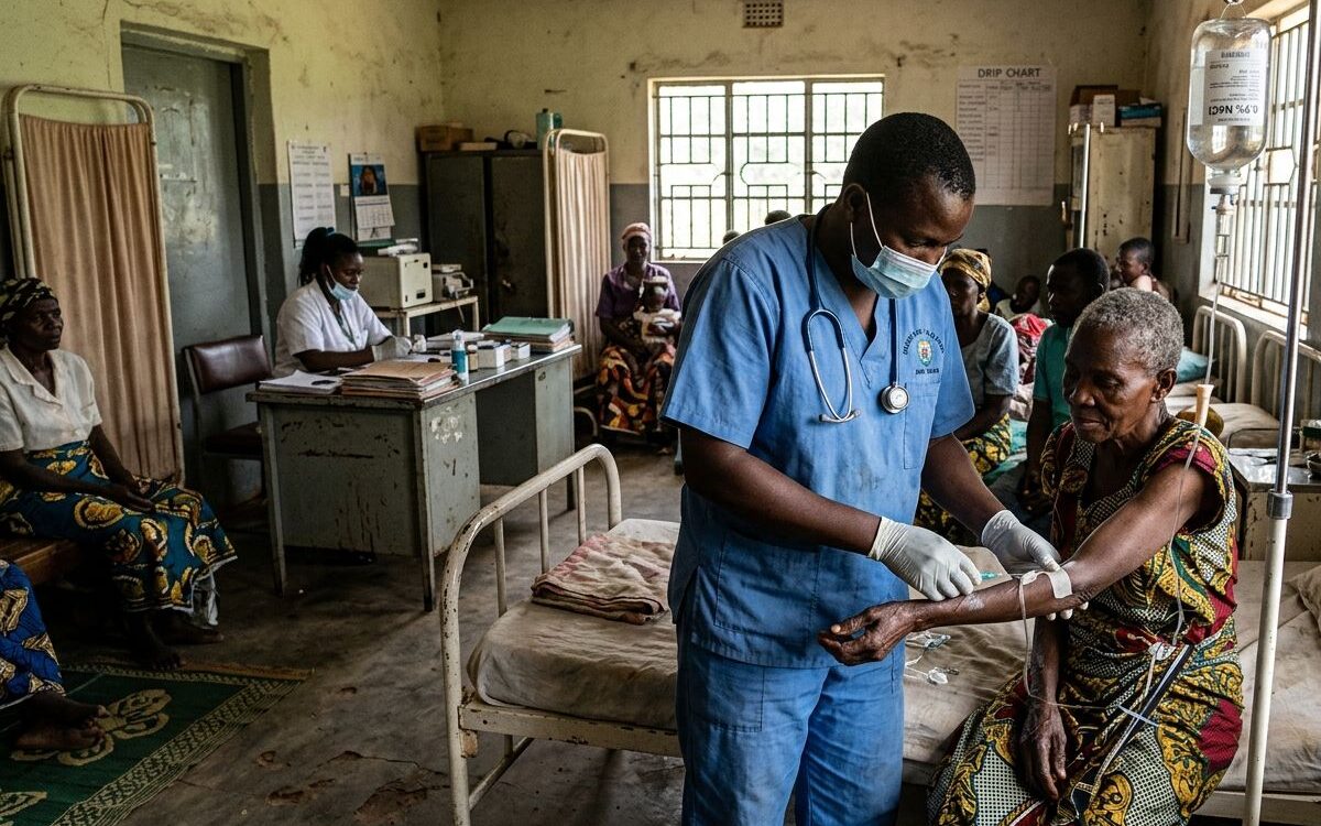 Global nursing shortage: nurse administering IV drip to elderly patient in under-resourced African hospital ward