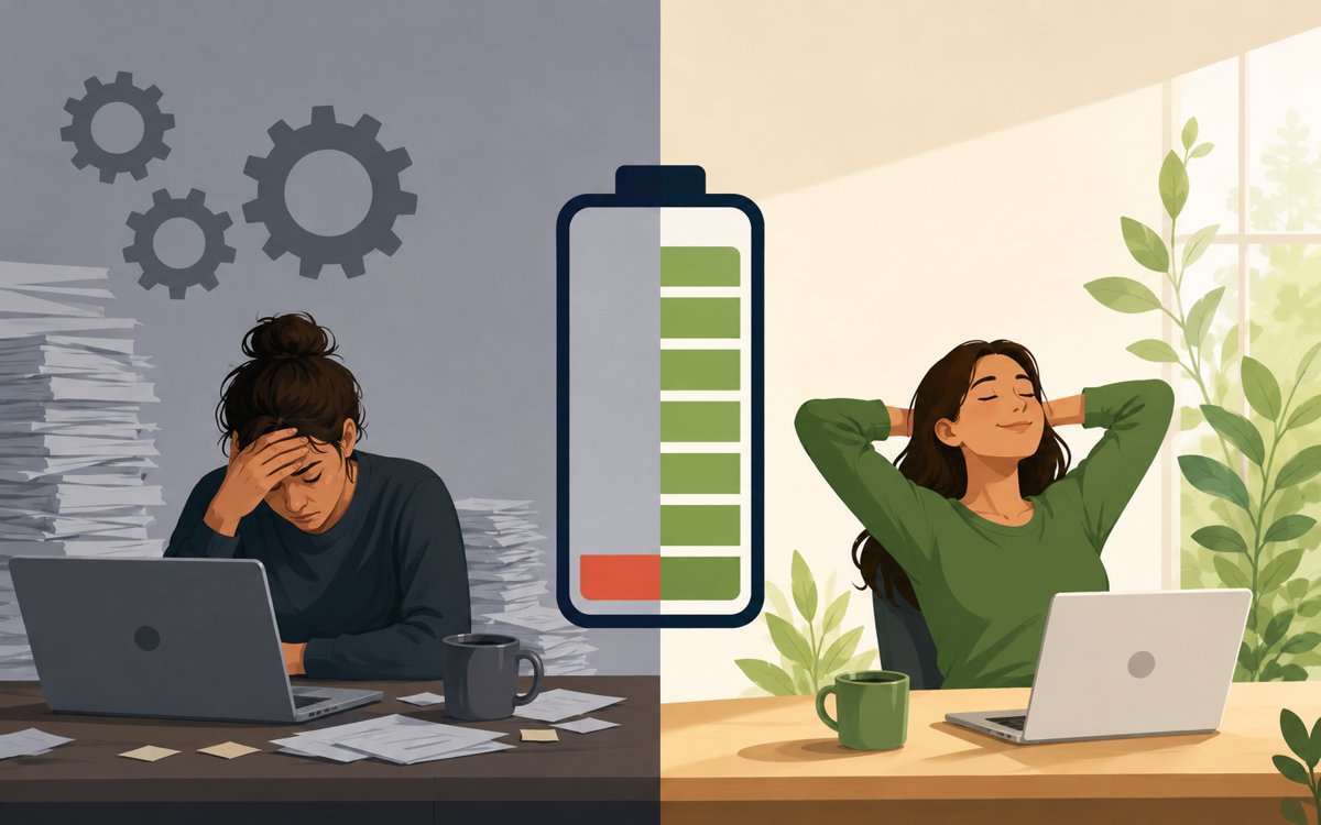 Burnout in life sciences: split image showing exhausted woman beside calm woman with empty and full battery