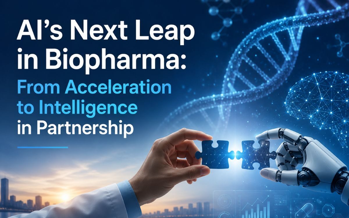 Human and robot hands connecting puzzle pieces, representing AI in biopharma partnership with DNA helix background