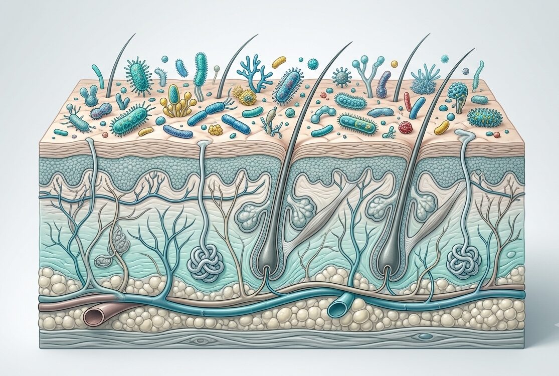 Cross-section illustration of a balanced skin microbiome with diverse bacteria and fungi above hair follicles and skin layers