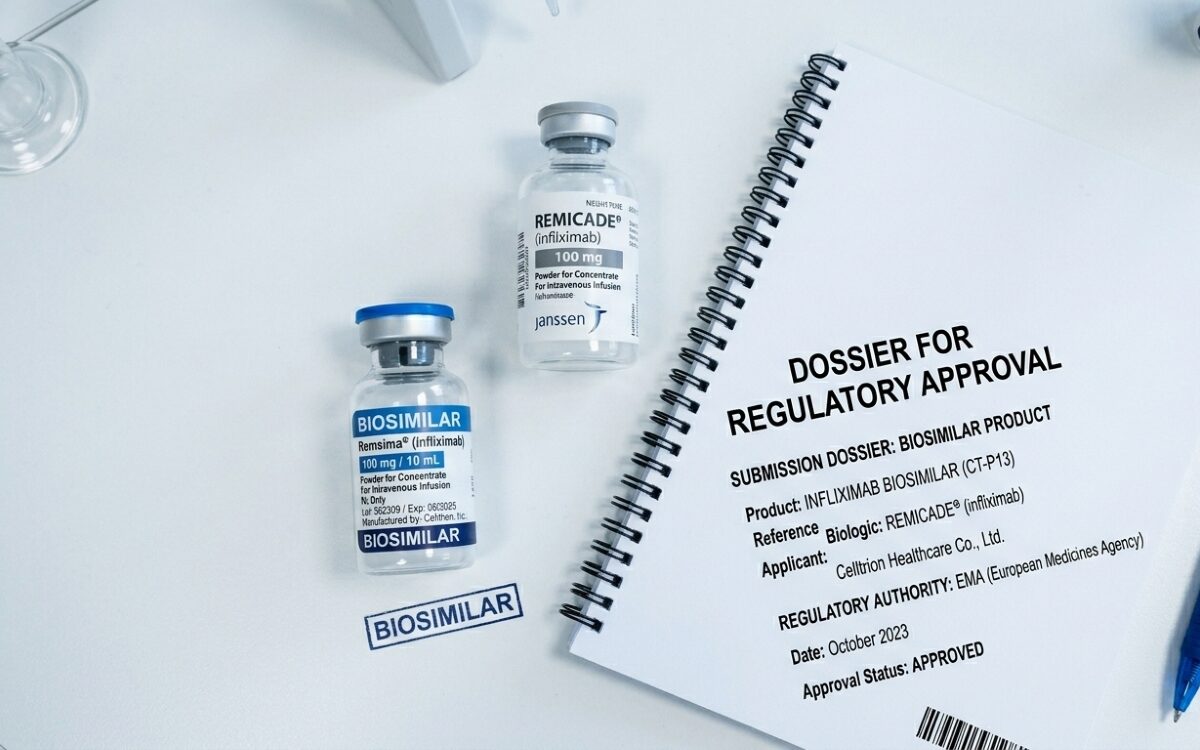 A biosimilar medication vial in focus in the foreground alongside an originator biologic vial and a regulatory approval document on a clinical white laboratory surface.
