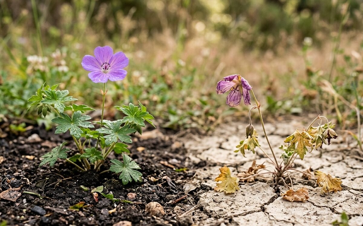 Two purple wildflowers — one thriving in rich soil, one wilting in cracked dry earth — illustrating HCP burnout and generative leadership