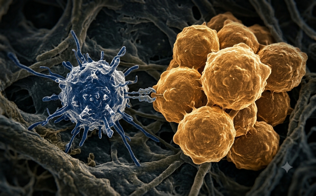 A microscopic illustration of a CAR-T cell engaging with solid tumour cells, representing the world's first approved CAR-T therapy for solid tumours, satri-cel, developed by CARsgen Therapeutics.