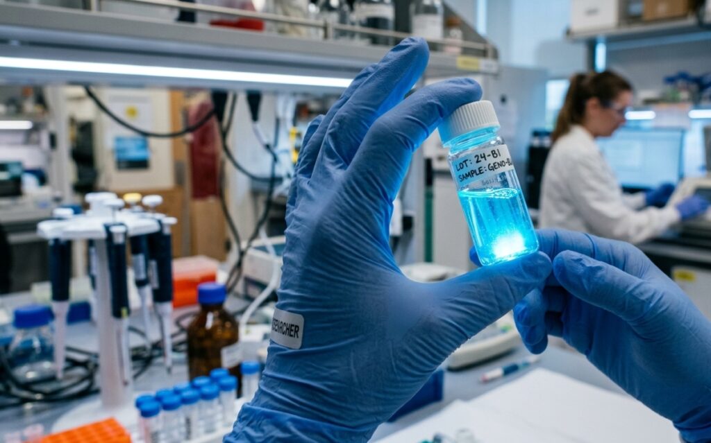 gloved hands holding a glowing blue sample vial (labelled LOT: 24-B1, SAMPLE: GENO-) with a lab researcher working in the background.