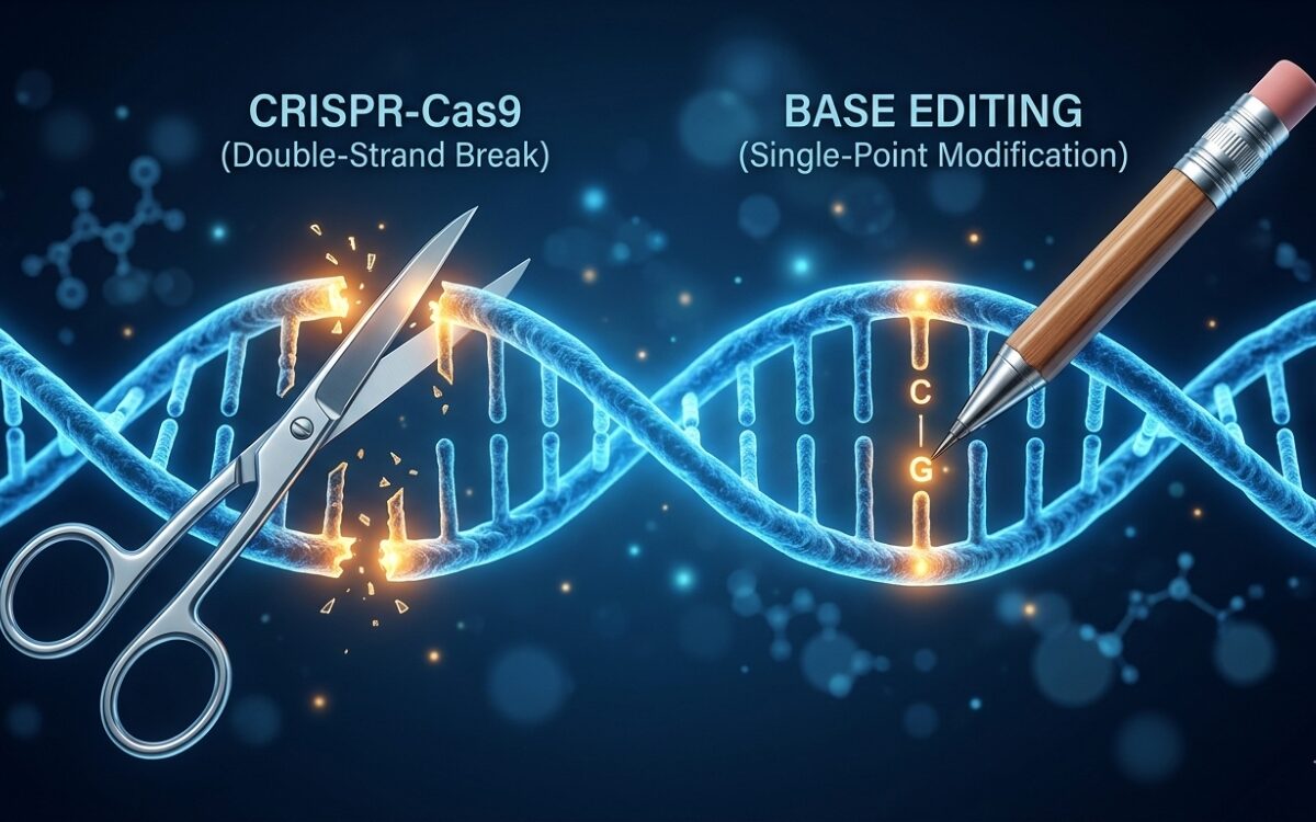 Illustration comparing base editing vs CRISPR gene editing techniques, showing scissors cutting a DNA double helix alongside a pencil making a precise single-letter DNA change.