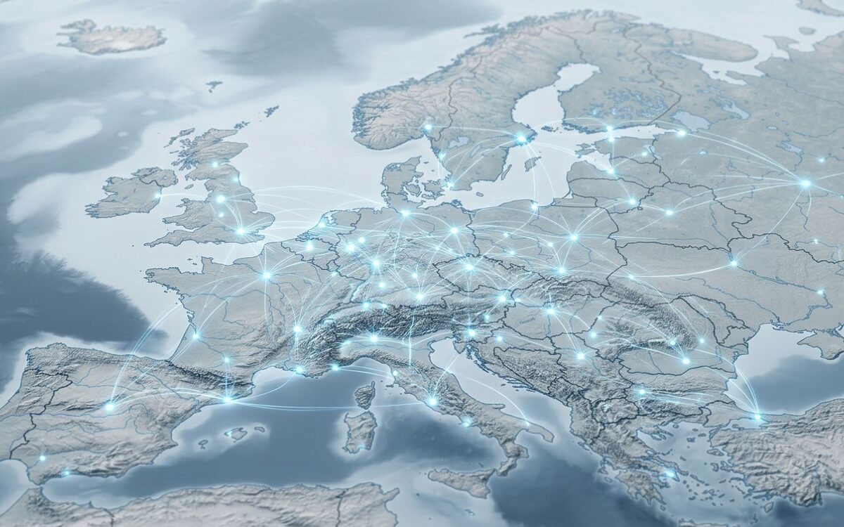 3D map of Europe with glowing network nodes showing fragmented EU IVDR precision oncology regulatory connections