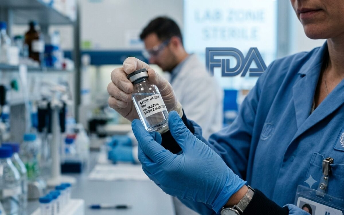 Lab worker holds a labelled vial for FDA accelerated approval review, with FDA signage visible in a sterile lab zone