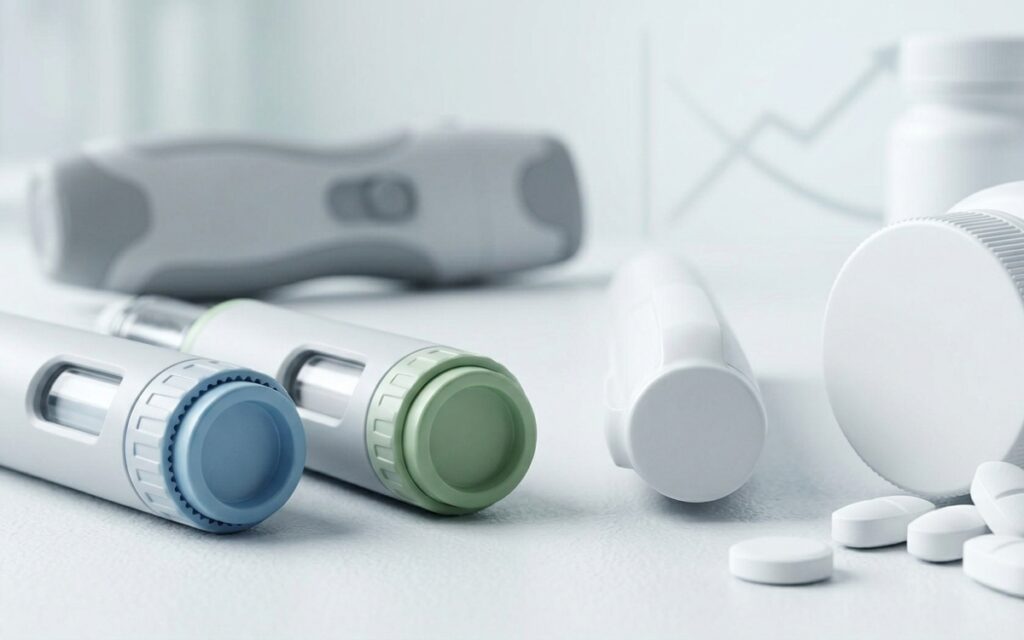 Two GLP-1 injection pens beside white tablets and medication bottles, reflecting late-stage obesity drugs in both forms