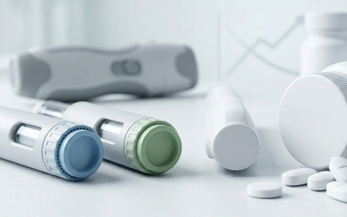 Two GLP-1 injection pens beside white tablets and medication bottles, reflecting late-stage obesity drugs in both forms