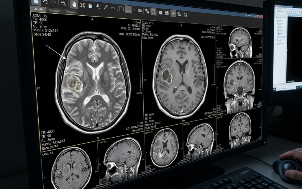 Clinician reviewing brain MRI scans on monitor to assess CNS tumour for targeted radiotherapeutics