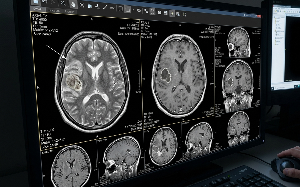 Importance of Targeted Radiotherapeutics in Treating CNS Cancers Clinician reviewing brain MRI scans on monitor to assess CNS tumour for targeted radiotherapeutics