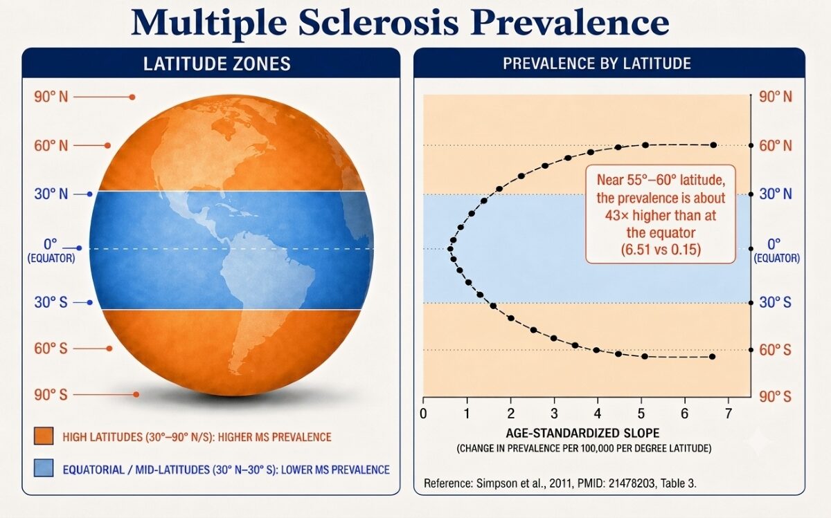 MS prevalence rising with latitude — the epidemiological pattern driving UVB phototherapy multiple sclerosis research.