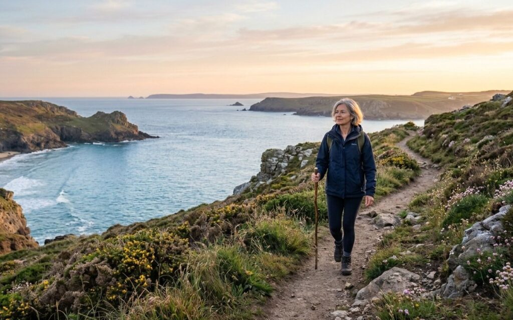 Mental wellness in your 50s and 60s: woman hiking coastal cliffs at sunset