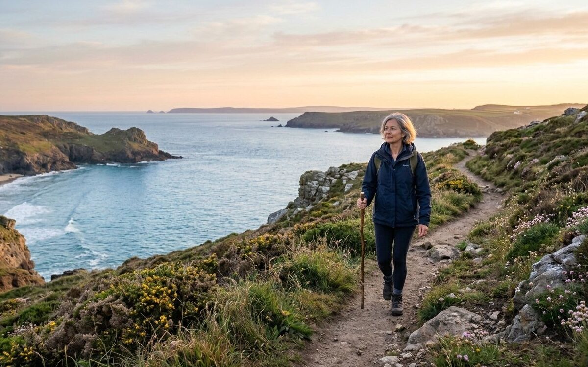 Mental wellness in your 50s and 60s: woman hiking coastal cliffs at sunset