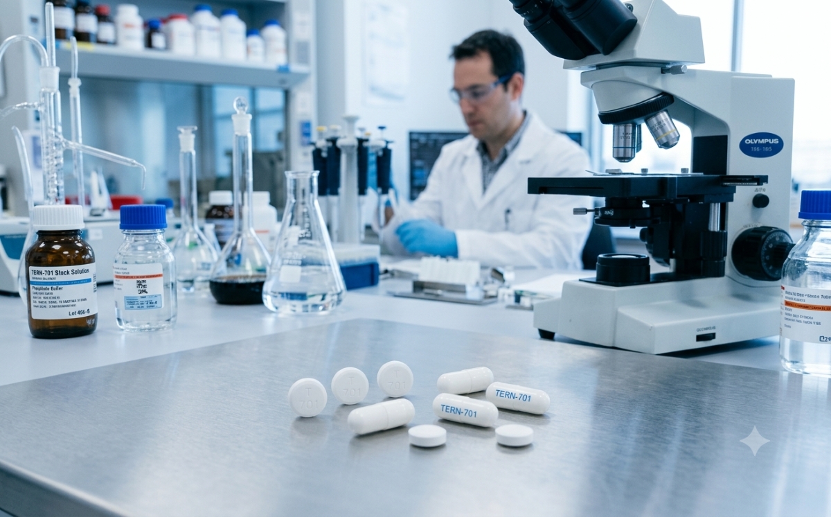 Merck-Terns TERN-701 tablets and capsules, an oral CML treatment, on a lab bench with a scientist working behind